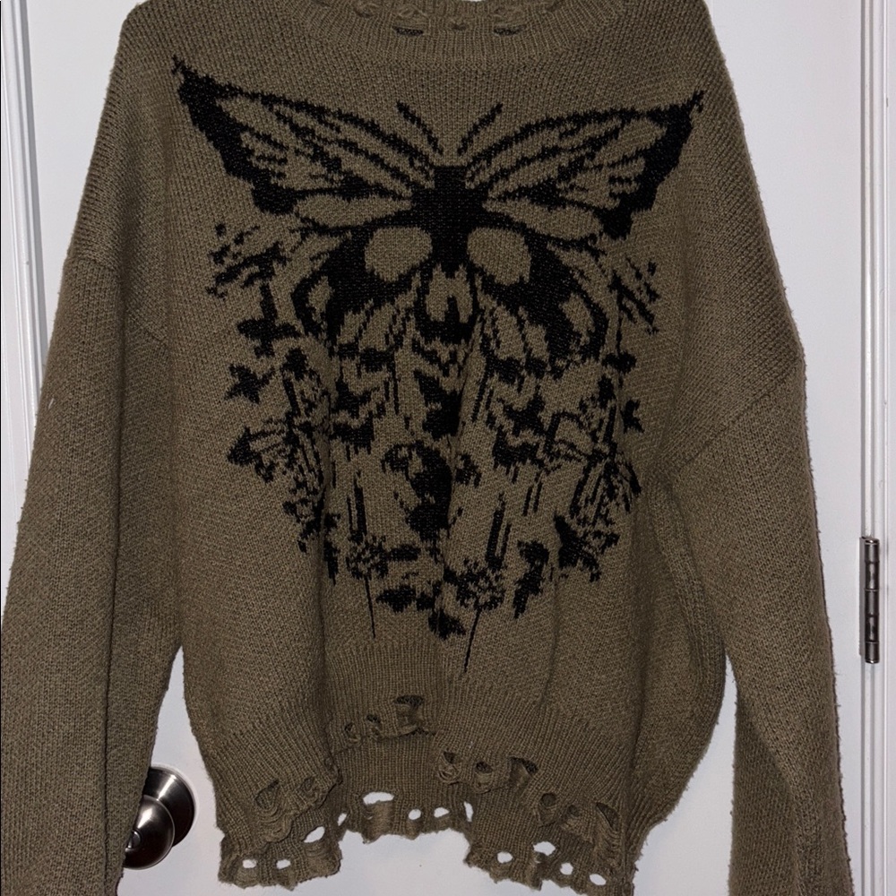 ROMWE Olive Sweater with Black Butterfly Design